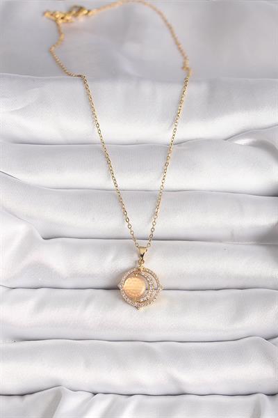 316L Çelik Gold Renk Zirkon Taşlı Turuncu Sedefli Hilal Model Kadın Kolye – PRT3500EB03625