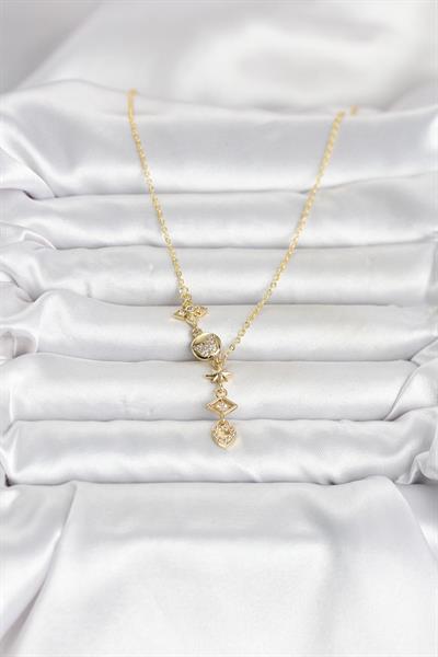 316L Çelik Gold Renk Zirkon Taşlı Y Kadın Kolye