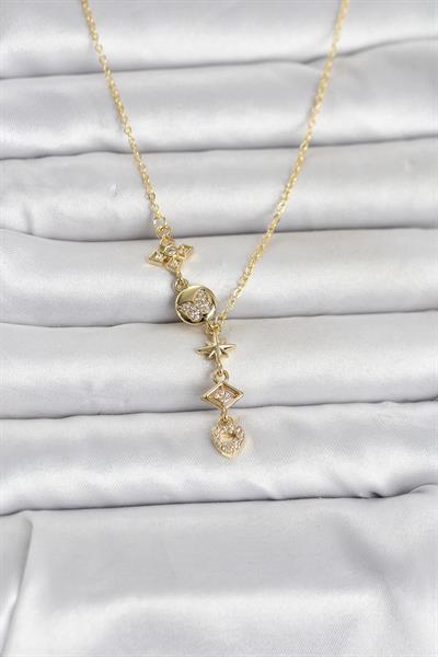316L Çelik Gold Renk Zirkon Taşlı Y Kadın Kolye