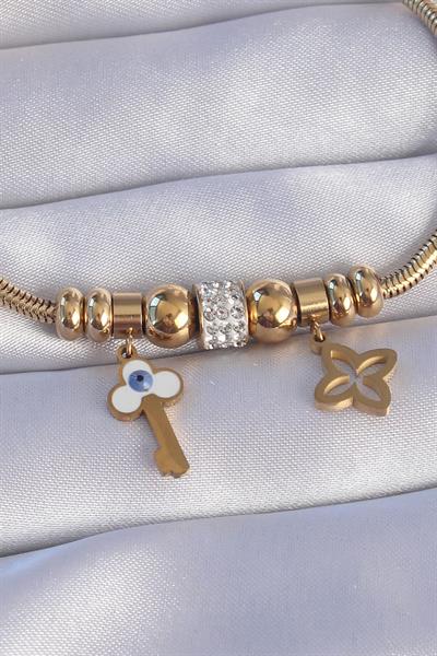 316L Çelik Gold Renk Zirkon Taşlı Yonca Detay Nazarlı Anahtar Tasarımlı Bileklik – PRT3500EB01896