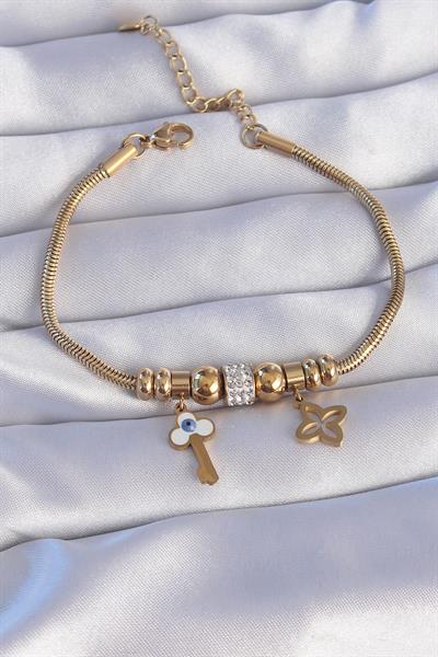 316L Çelik Gold Renk Zirkon Taşlı Yonca Detay Nazarlı Anahtar Tasarımlı Bileklik – PRT3500EB01896