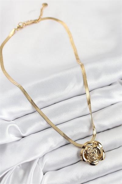 316L Çelik Gül Figürlü İtalyan Zincir Model Gold Renk Kadın Kolye – PRT3500EB08695
