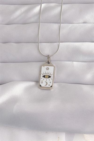316L Çelik Gümüş Renk Beyaz Mineli Göz Figür Tarot Kolye - PRT3500EB02157