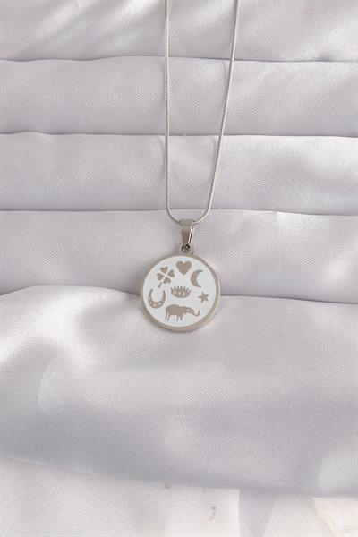 316L Çelik Gümüş Renk Beyaz Mineli Karışık Figürlü Tarot Kolye - PRT3500EB02158