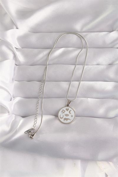 316L Çelik Gümüş Renk Beyaz Mineli Karışık Figürlü Tarot Kolye - PRT3500EB02158