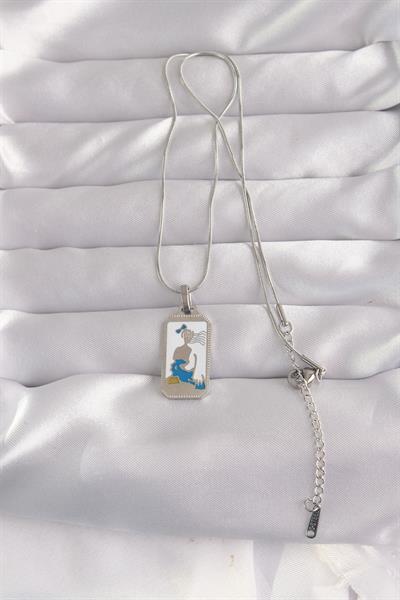 316L Çelik Gümüş Renk Beyaz Mineli Kız Figür Tarot Kolye – PRT3500EB02155
