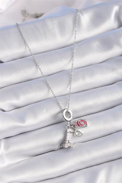 316L Çelik Gümüş Renk Eyfel Kule Fotoğraf Makinesi Model Charm Kadın Kolye - PRT3500EB02450