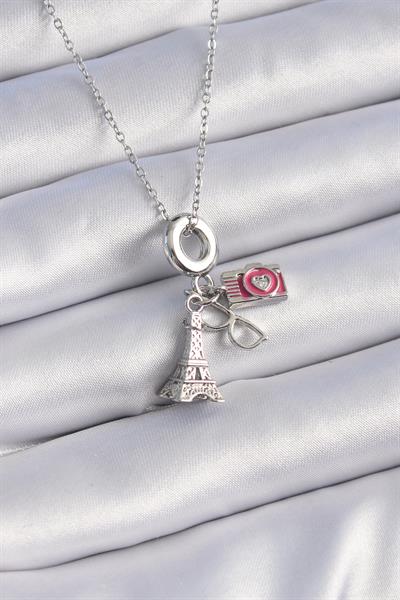 316L Çelik Gümüş Renk Eyfel Kule Fotoğraf Makinesi Model Charm Kadın Kolye - PRT3500EB02450