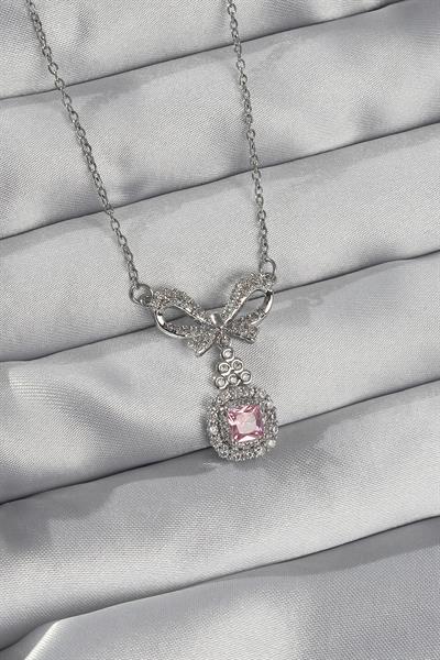 316L Çelik Gümüş Renk Fiyonk Detay Pembe Zirkon Taşlı Tektaş Kolye – PRT3500EB01832