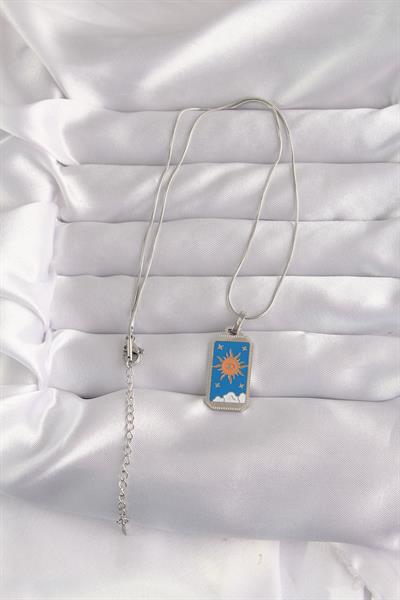 316L Çelik Gümüş Renk Mavi Mineli Güneş Model Tarot Kolye - PRT3500EB02149