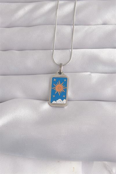 316L Çelik Gümüş Renk Mavi Mineli Güneş Model Tarot Kolye - PRT3500EB02149