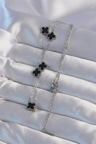 316L Çelik Gümüş Renk Minimal Siyah Mineli Yonca Kolye – PRT3500EB02086