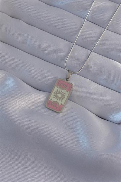 316L Çelik Gümüş Renk Pembe Mineli Ay Figür Tarot Kolye – PRT3500EB02152