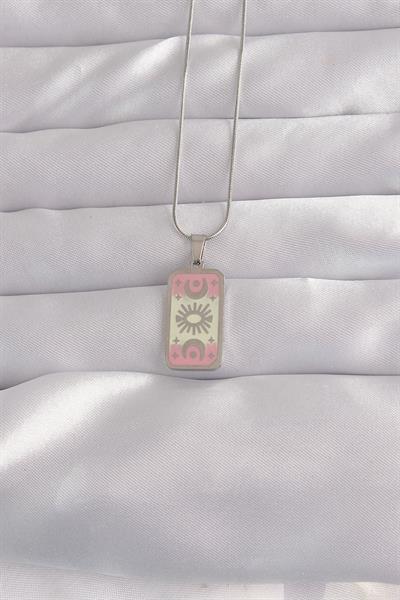 316L Çelik Gümüş Renk Pembe Mineli Ay Figür Tarot Kolye – PRT3500EB02152