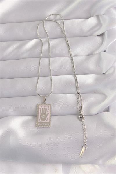 316L Çelik Gümüş Renk Pembe Mineli El Figür Tarot Kolye - PRT3500EB02156