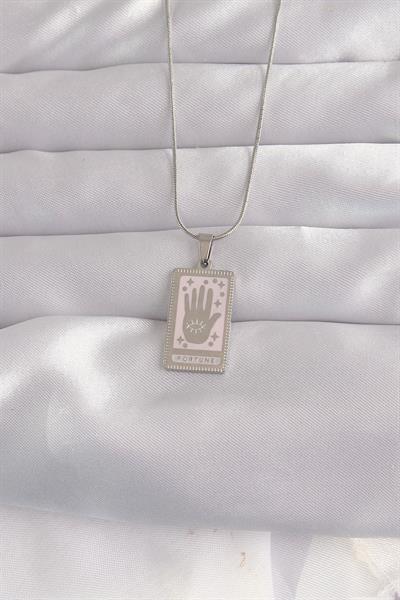 316L Çelik Gümüş Renk Pembe Mineli El Figür Tarot Kolye - PRT3500EB02156