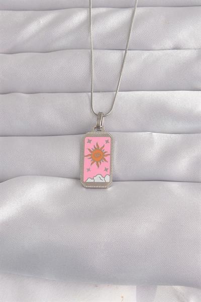 316L Çelik Gümüş Renk Pembe Mineli Güneş Model Tarot Kolye – PRT3500EB02150