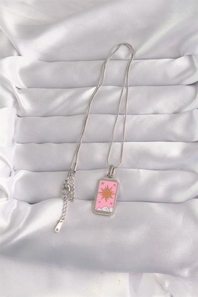 316L Çelik Gümüş Renk Pembe Mineli Güneş Model Tarot Kolye – PRT3500EB02150