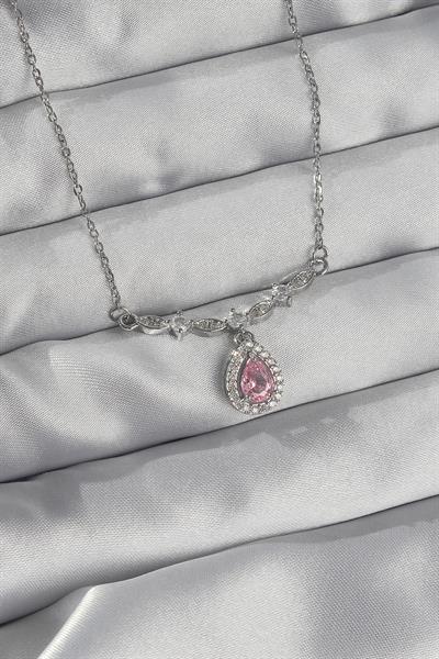 316L Çelik Gümüş Renk Pembe Zirkon Taşlı Damla Kolye – PRT3500EB01828