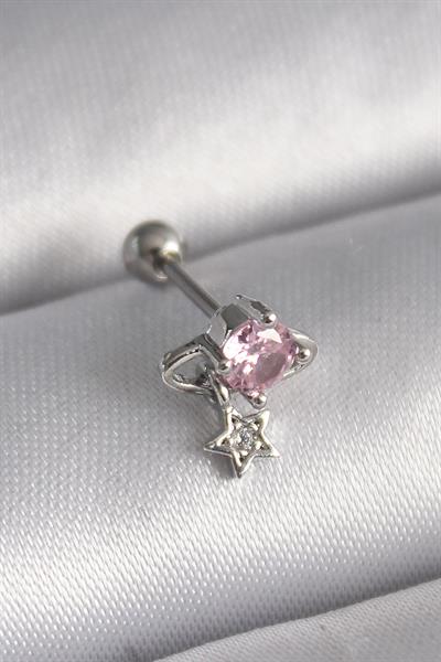 316L Çelik Gümüş Renk Pembe Zirkon Taşlı Sallantı Yıldız Detay Tragus Piercing – PRT3500EB02862