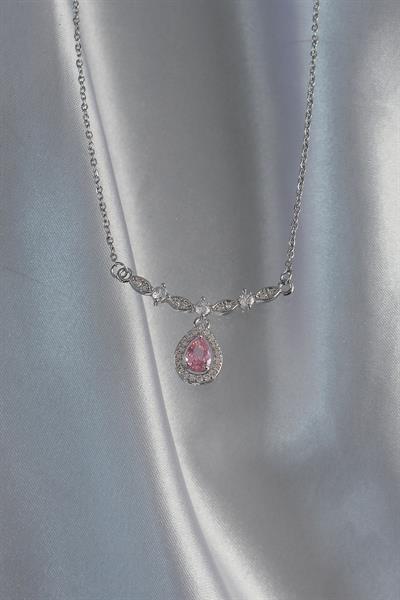 316L Çelik Gümüş Renk Pembe Zirkon Taşlı Damla Kolye – PRT3500EB01828