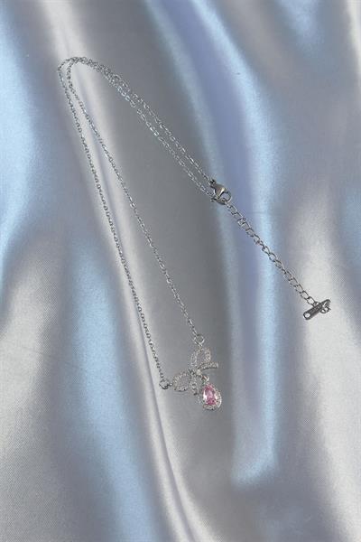 316L Çelik Gümüş Renk Pembe Zirkon Taşlı Damla Kolye – PRT3500EB01828