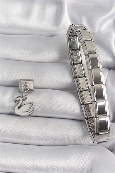 316L Çelik Gümüş Renk Sallantı Beyaz Kuğu Model Nomination Charm – PRT3500EB03414