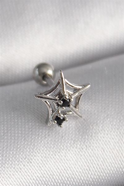 316L Çelik Gümüş Renk Siyah Zirkon Taş Detay Örümcek Ağ Model Tragus Piercing – PRT3500EB02918