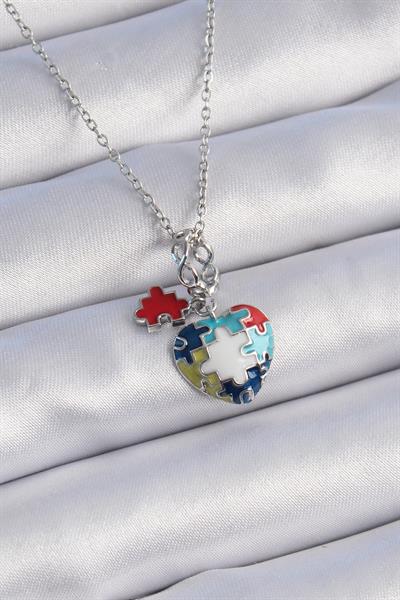 316L Çelik Gümüş Renk Yapboz Motif Kalp Figür Charm Model Kadın Kolye - PRT3500EB02458