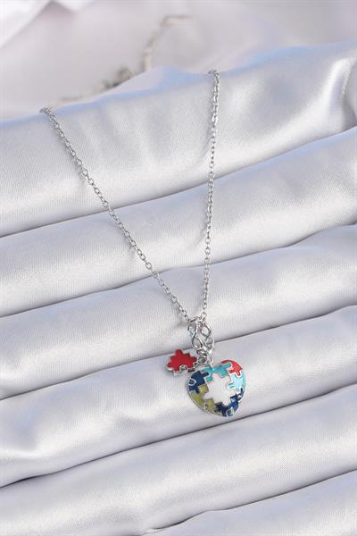 316L Çelik Gümüş Renk Yapboz Motif Kalp Figür Charm Model Kadın Kolye - PRT3500EB02458
