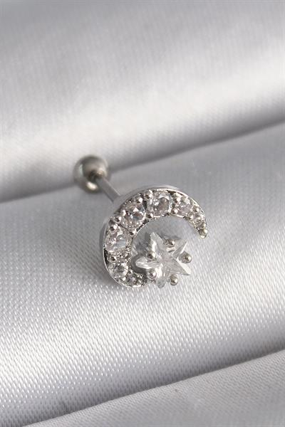 316L Çelik Gümüş Renk Zirkon Taşlı Ay Yıldız Tragus Piercing – PRT3500EB02882
