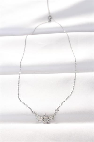 316L Çelik Silver Renk Zirkon Taşlı Kalpli Kanat Kolye – PRT3500EB01272