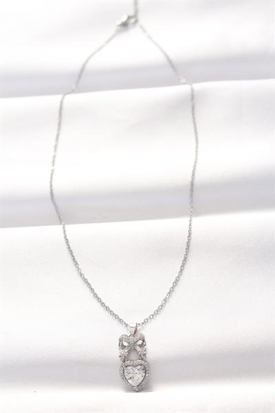316L Çelik Silver Renk Zirkon Taşlı Kalpli Fiyonk Kolye – PRT3500EB01274