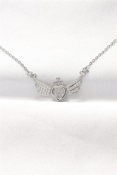 316L Çelik Silver Renk Zirkon Taşlı Kalpli Kanat Kolye – PRT3500EB01272