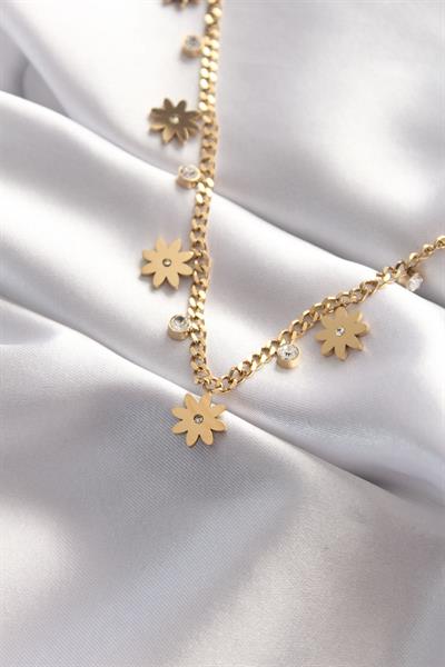 316L Çelik Taşlı Gold Renk Çoklu Çiçek Kolye - PRT3500EB01257