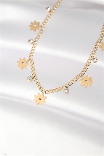 316L Çelik Taşlı Gold Renk Çoklu Çiçek Kolye - PRT3500EB01257