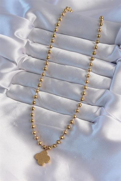 316L Çelik Top Zincirli Gold Renk İşlemeli Yonca Model Kolye – PRT3500EB02078