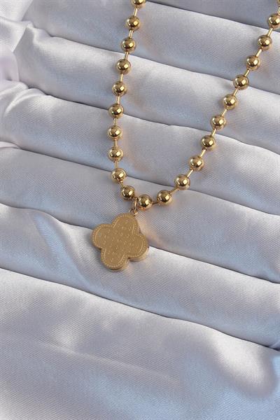 316L Çelik Top Zincirli Gold Renk İşlemeli Yonca Model Kolye – PRT3500EB02078
