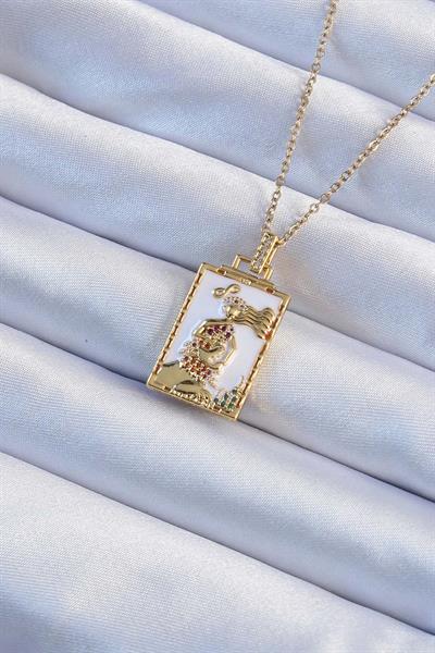 316L Çelik Zincir Altın Renk Beyaz Mineli Tarot Kolye – PRT3500EB02376