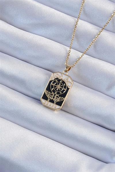 316L Çelik Zincir Altın Renk İşlemeli Siyah Mineli Tarot Kolye – PRT3500EB02364