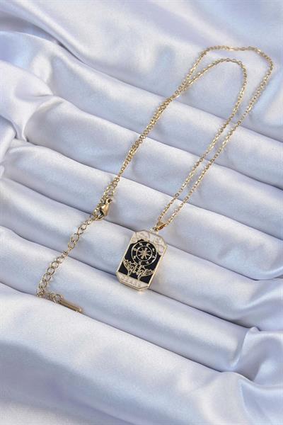 316L Çelik Zincir Altın Renk İşlemeli Siyah Mineli Tarot Kolye – PRT3500EB02364