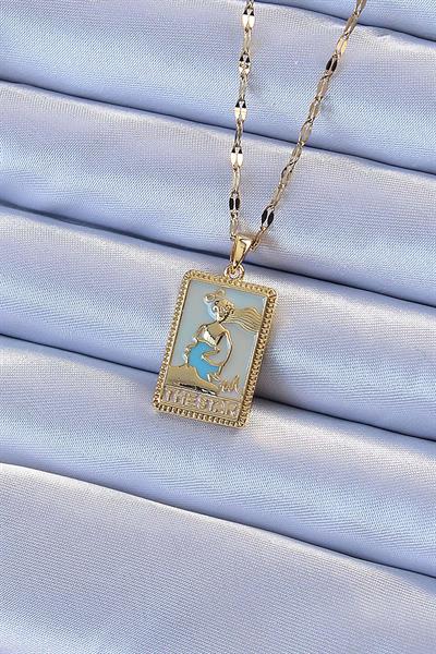 316L Çelik Zincir Altın Renk Mavi Mineli Tarot Kolye – PRT3500EB02316