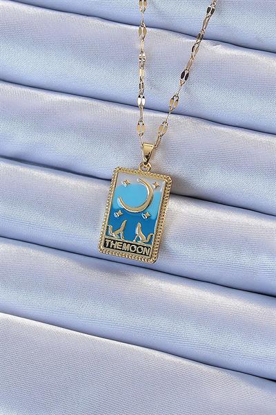 316L Çelik Zincir Altın Renk Mavi Mineli Ay Figür Tarot Kolye - PRT3500EB02318