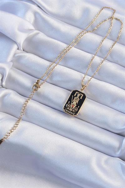 316L Çelik Zincir Altın Renk Siyah Mineli Tarot Kolye – PRT3500EB02375
