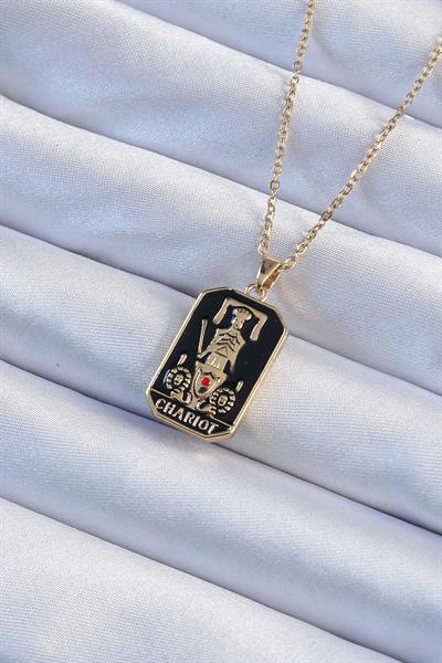 316L Çelik Zincir Altın Renk Siyah Mineli Tarot Kolye – PRT3500EB02375
