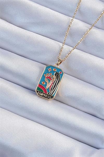 316L Çelik Zincir Altın Renk Taç ve Kız Figürlü Renkli Mineli Tarot Kolye – PRT3500EB02357