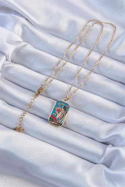 316L Çelik Zincir Altın Renk Taç ve Kız Figürlü Renkli Mineli Tarot Kolye – PRT3500EB02357