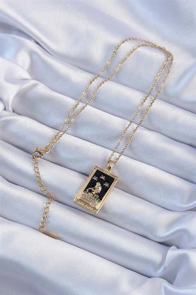 316L Çelik Zincir Altın Renk Zirkon Taşlı Siyah Mineli Kız Figürlü Tarot Kolye – PRT3500EB02355