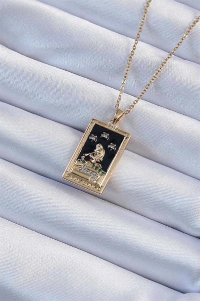 316L Çelik Zincir Altın Renk Zirkon Taşlı Siyah Mineli Kız Figürlü Tarot Kolye – PRT3500EB02355