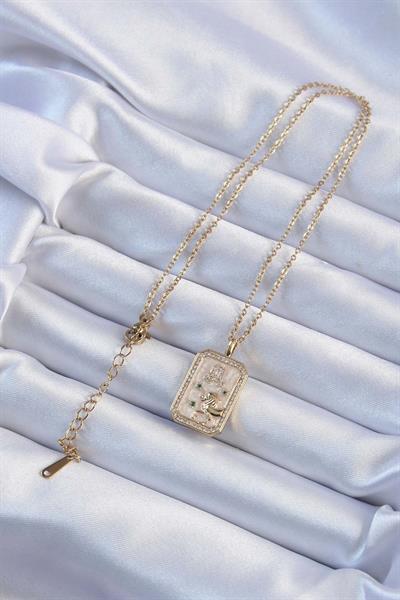 316L Çelik Zincir Altın Renk Zirkon Taşlı Aslan Figürlü Tarot Kolye – PRT3500EB02353